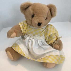 Vintage Teddy Bear Jointed Posable Yellow Gingham Dress Lixin Co Inc CBS Toys
